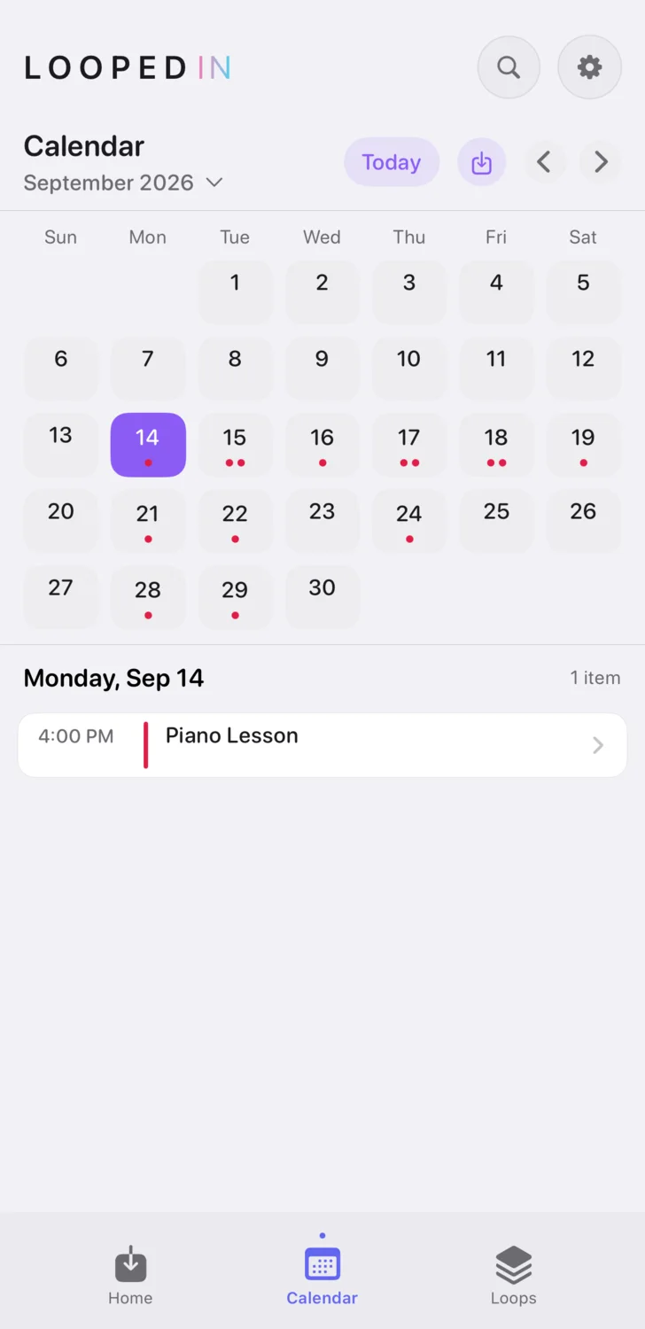 The Looped In calendar for September, with two events listed under Friday the 11th.