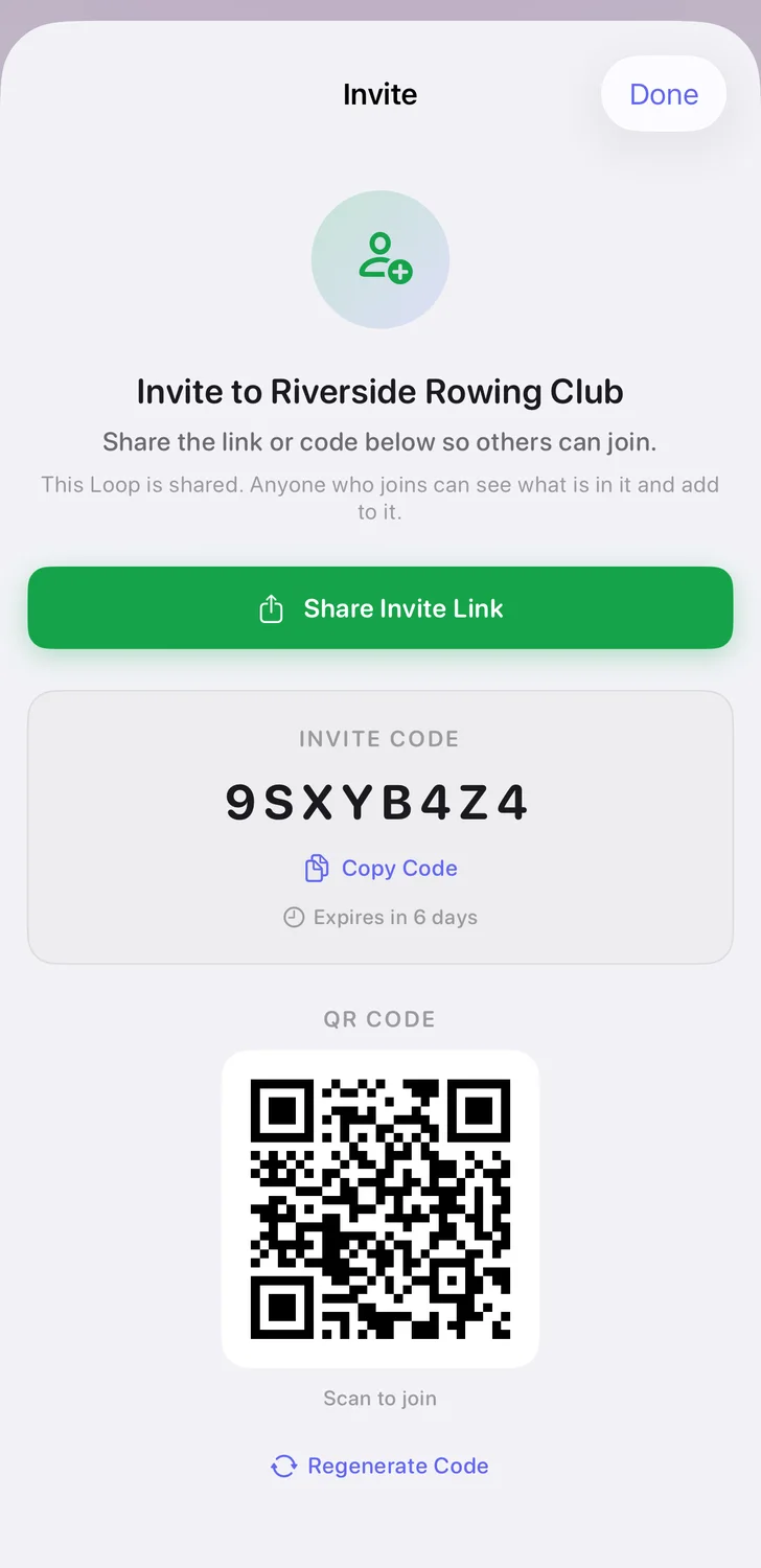 The invite sheet for a Loop, showing a Share Invite Link button, an invite code and a QR code.