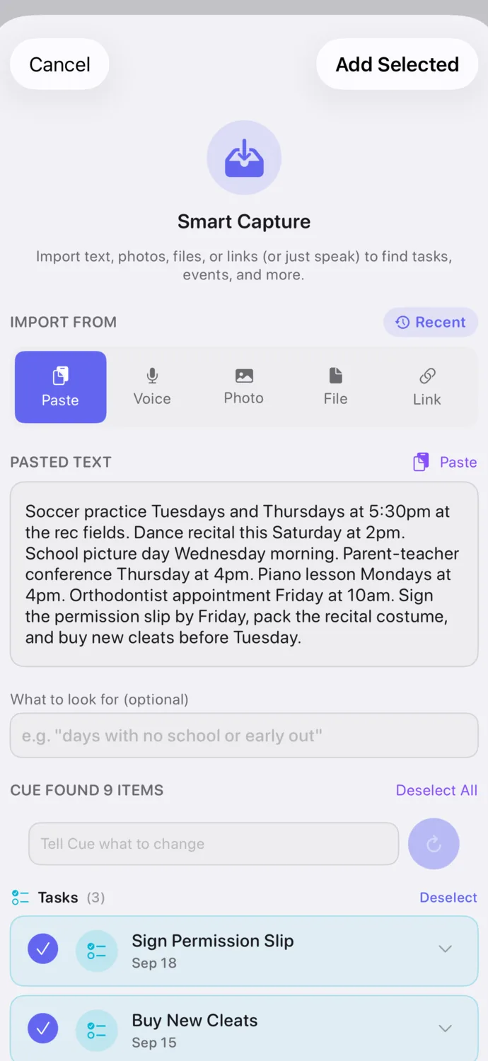 The Smart Capture screen in Looped In: a pasted week of practices, lessons and appointments above the line Cue found 9 items, with the tasks it pulled out listed and ticked ready to add.